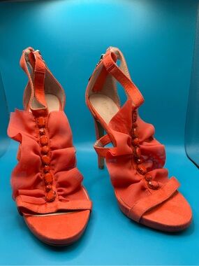 Elle Coral Ruffled Beaded Strappy Heels